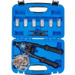 Horný pohľad na rozložený obsah sady nitovacích klieští, tŕne a matice, BGS 408 - B408