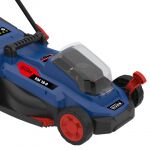 Predná časť AKU kosačky na trávu Güde RM 18-401-23 s priehľadným krytom a červenými kolesami - GU58400