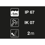 Grafické znázornenie odolnosti čelovky Petzl voči vode, nárazu a pádu z výšky - E069AA00