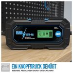 Graf znázorňujúci kompatibilitu nabíjačky Güde Nabíjačka batérií Güde GAB 12V/6V-4A na pracovnom stole, zdôraznená jednoduchosť ovládania - GU85145GAB s rôznymi typmi batérií - GU85145