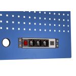 Modrý perforovaný panel so zabudovanou elektrickou zásuvkou 3x230V a 2xUSB a praktickým otvorom pre káble, AHProfi MWGB1324K