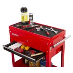 Otvorená zásuvka pracovného stolíka s náradím a nádobami na spodnej polici - AHProfi TC310