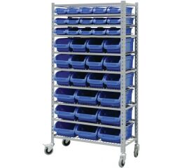 Pojazdný kovový policový regál s plastovými boxami 36 ks, 10 políc - SBRHD3691