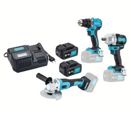 Aku vŕtačka, ráz.uťahovák, uhl.brúska, 2 batérie + nabíjačka - HA265190