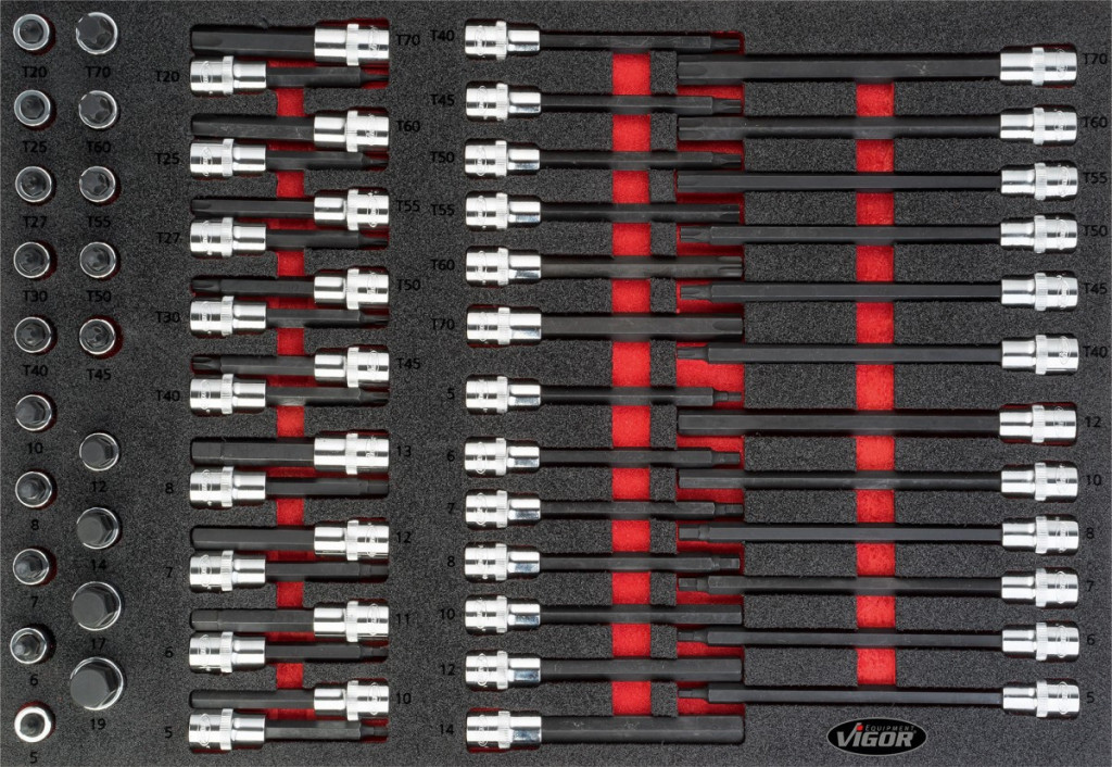 E-shop Nástrčné hlavice v penovej výplni, Imbus, Torx, 1/2", 62 ks, VIGOR - V4727
