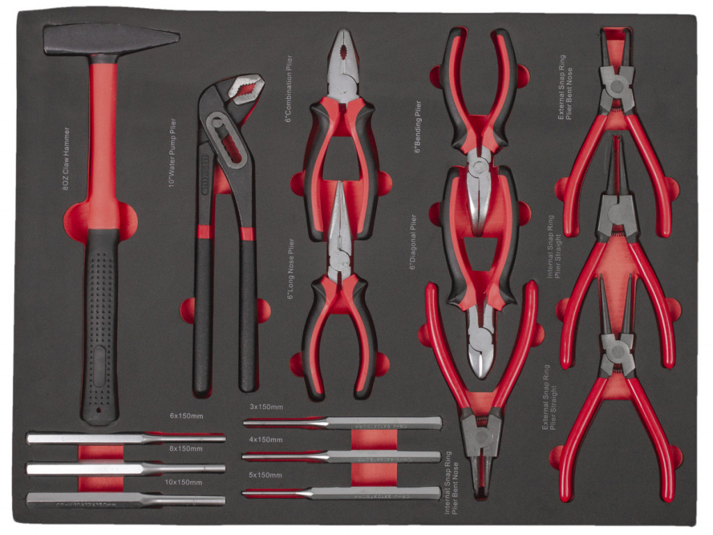 Sada klieští, vyrážačov a kladivo vo vložke do dielenských vozíkov, 16 dielov