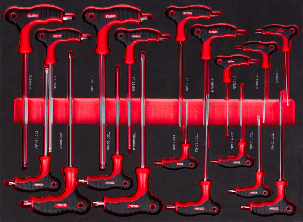 Sada skrutkovačov s T-rukoväťou vo vložke do dielenských vozíkov, 18 dielov