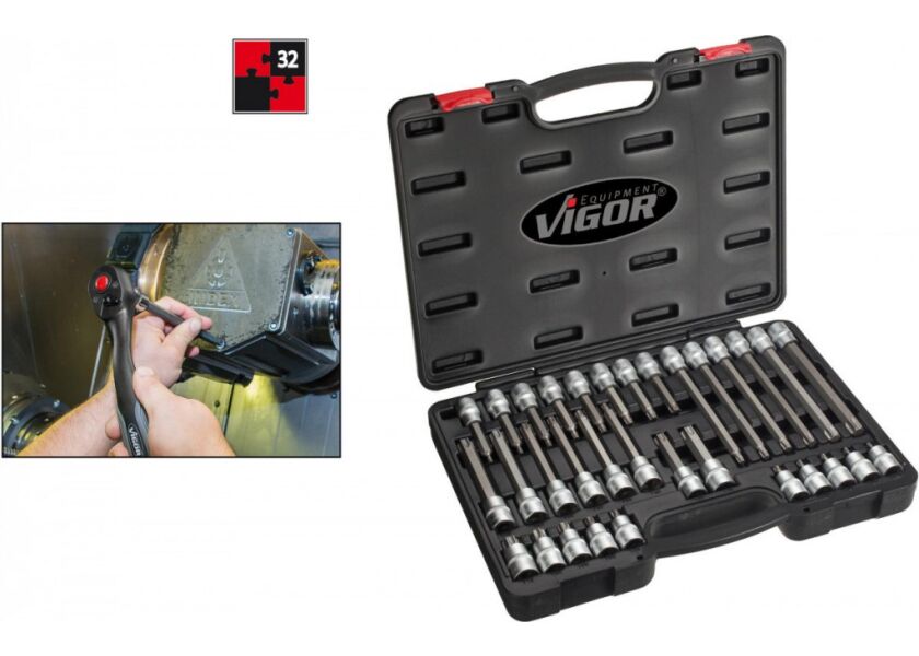 Sada nástrčných hlavice, pohon vnitřní čtyřhran 12,5 = 1/2” TORX®, 32 dílná, pro šrouby s vnitřním TORX®, v plastovém kufru VIGOR V1917