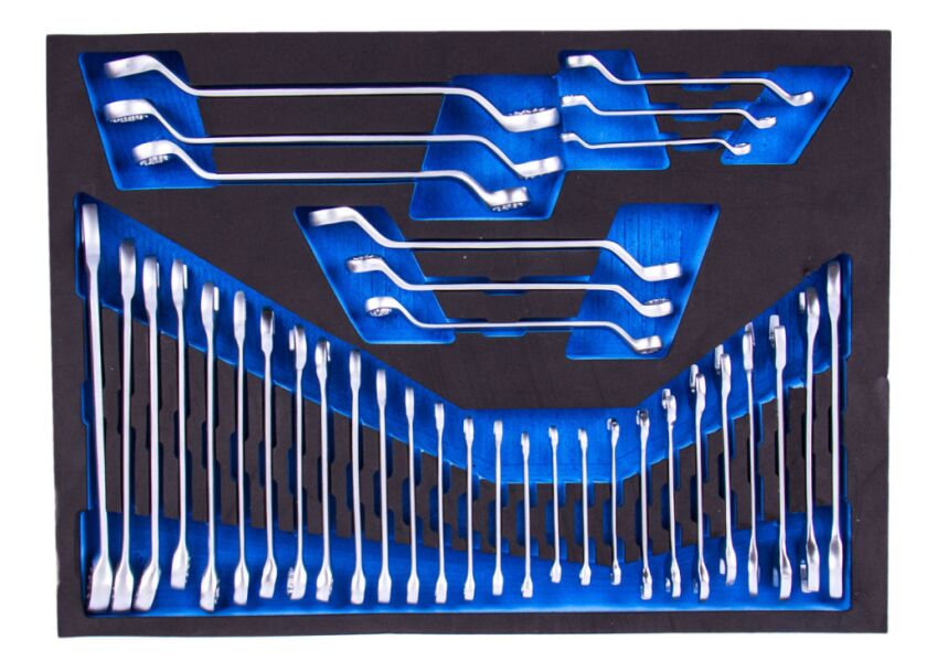 Sada očkoplochých, plochých a vyhnutých očkových kľúčov vo vložke do dielenského vozíka, 36 dielov - VV036SK01