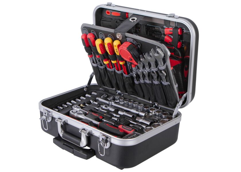 Sada ručného náradia v hliníkovom kufri s račňami, skrutkovačmi a kľúčmi, AHProfi AH803228.