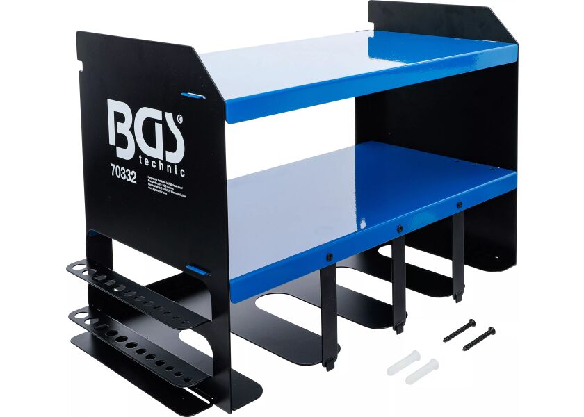 Držiak AKU náradie na stenu, 4 priehradky, 2 police - B70332