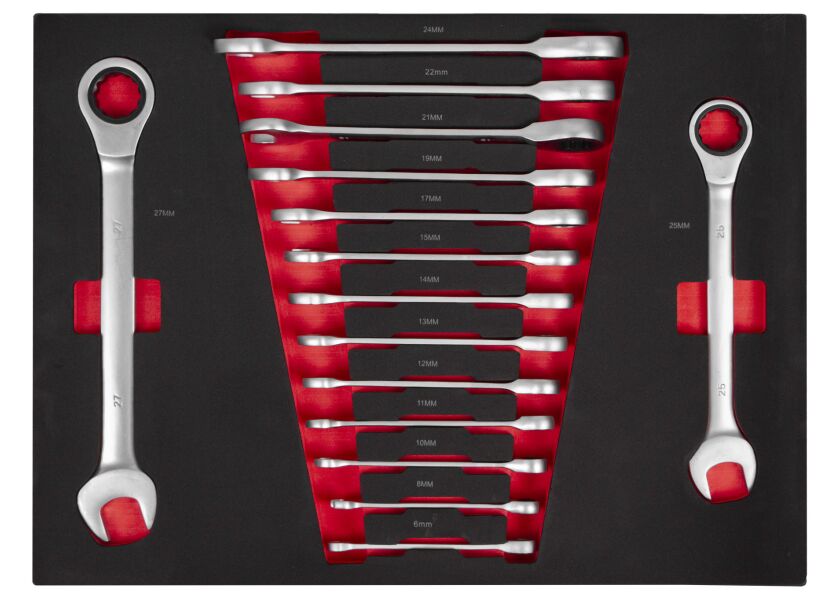 Račňové očkoploché kľúče vo výplni do dielenského vozíka, 15 ks - AH12449-RK