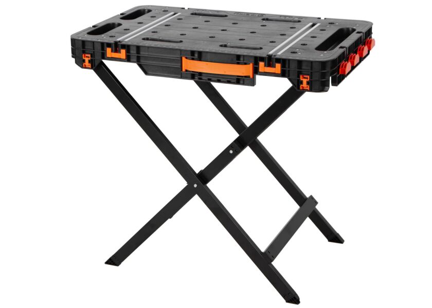 Skladací pracovný stôl TACTIX s pevnou konštrukciou, čierny s oranžovými prvkami - TC326160