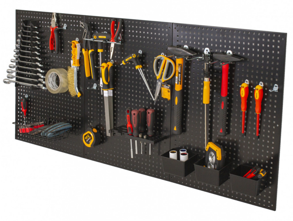 Dierované dosky s príslušenstvom, 27 dielov - JJ001190 Dierované dosky s príslušenstvom JJ001190 – osadené náradím (perspektíva)