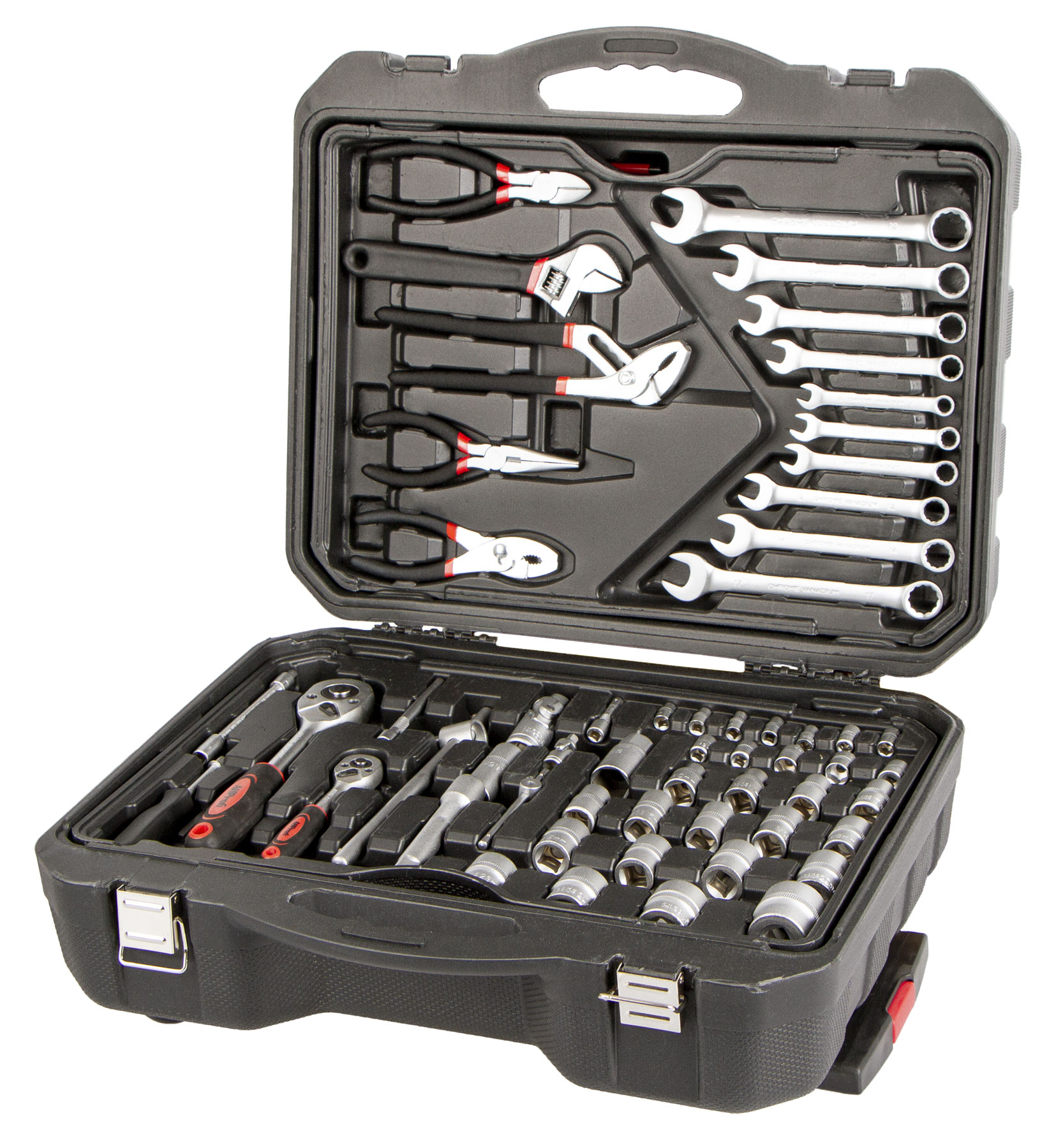 Plato s očkoplochými kľúčmi, kliešťami a gola nadstavcami Detail plata s kľúčmi, kliešťami a gola sadou v kufri AH187015