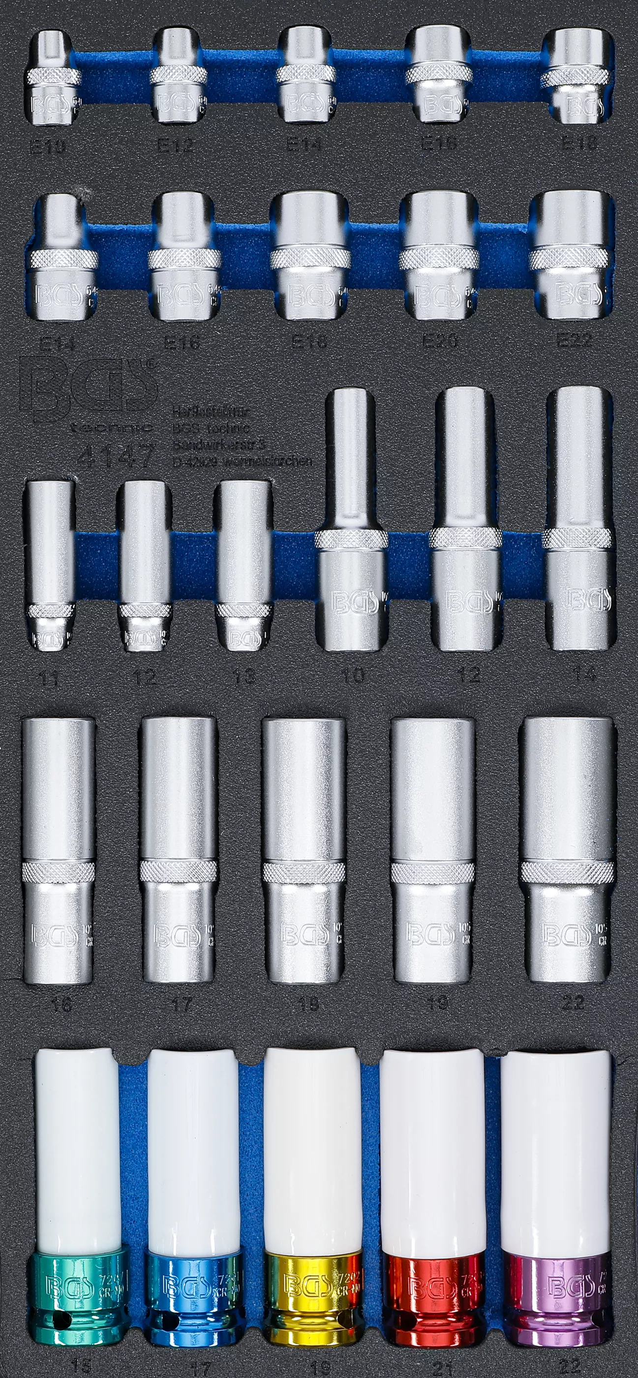 E-shop Nástrčné kľúče v penovej výplni, 1/2", 3/8", 1/4", 11 - 22 mm, E10 - E22, 26 ks - B4147