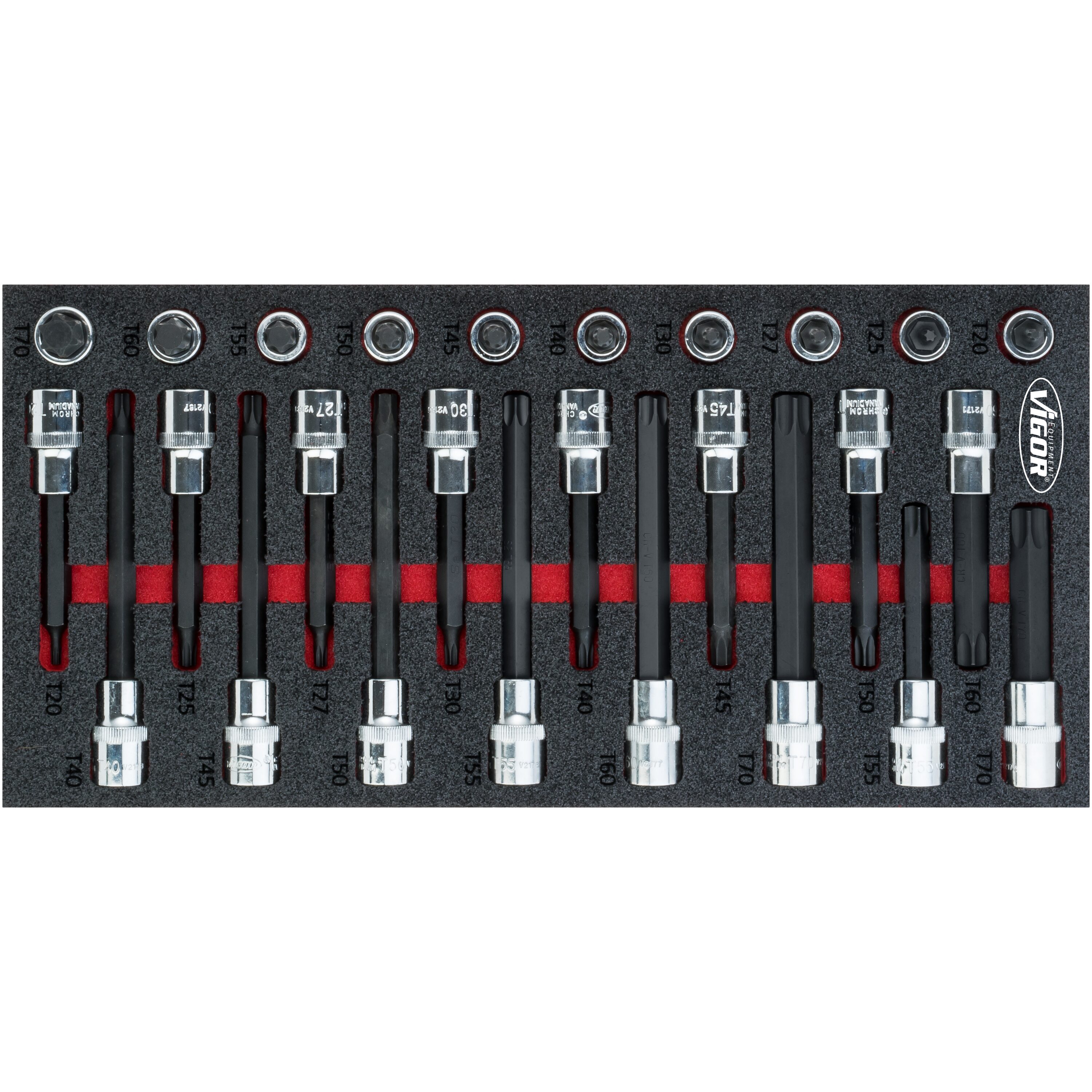 E-shop Sada nástrčných hlavíc s bitmi v penovej výplni, Torx, 1/2", 26 ks, VIGOR - V5095