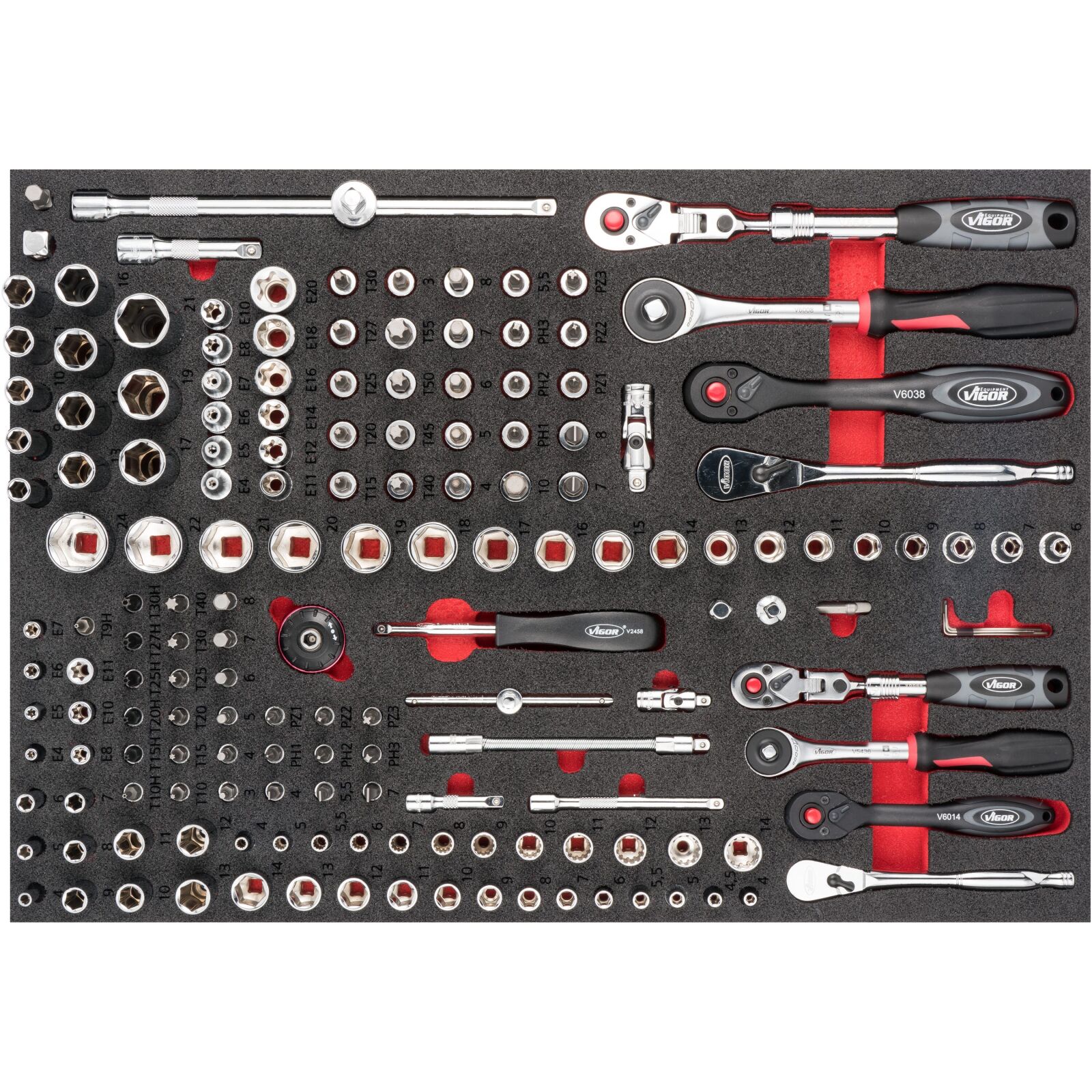 E-shop Gola sada v penovej výplni, 1/4" a 3/8", 165 ks, VIGOR - V6821