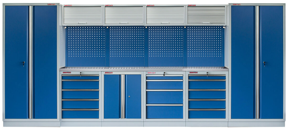 Zostava 21 ks dielenského nábytku PROFI BLUE s nerezovou pracovnou doskou Zostava 21 ks dielenského nábytku PROFI BLUE s nerezovou pracovnou doskou