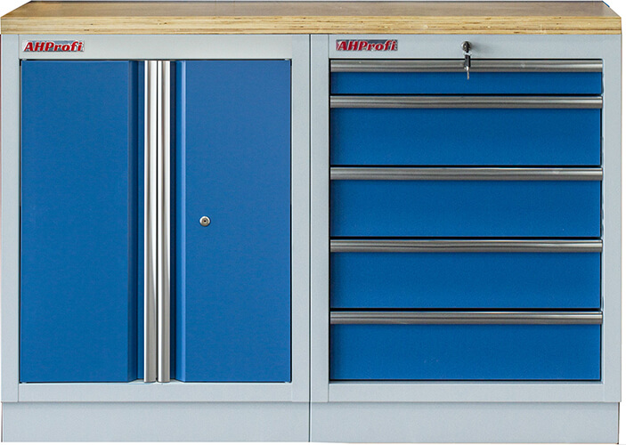 Zostava 3 ks dielenského nábytku PROFI BLUE s drevenou pracovnou doskou Zostava 3 ks dielenského nábytku PROFI BLUE s drevenou pracovnou doskou