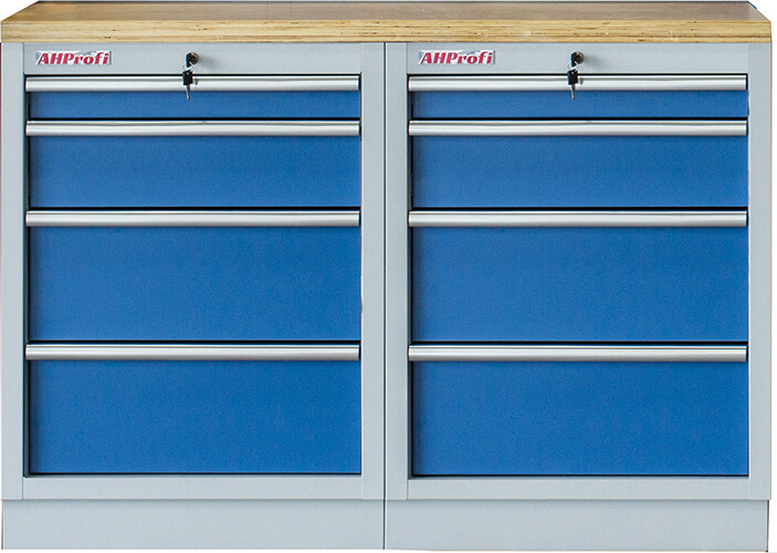 Zostava 3 ks dielenského nábytku PROFI BLUE s drevenou pracovnou doskou Zostava 3 ks dielenského nábytku PROFI BLUE s drevenou pracovnou doskou