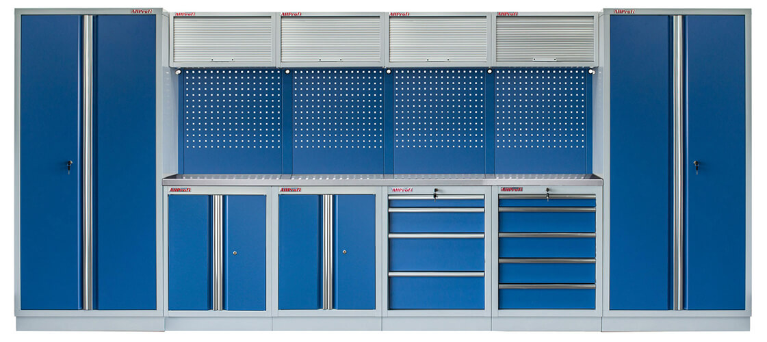 Zostava 21 ks dielenského nábytku PROFI BLUE s nerezovou pracovnou doskou Zostava 21 ks dielenského nábytku PROFI BLUE s nerezovou pracovnou doskou