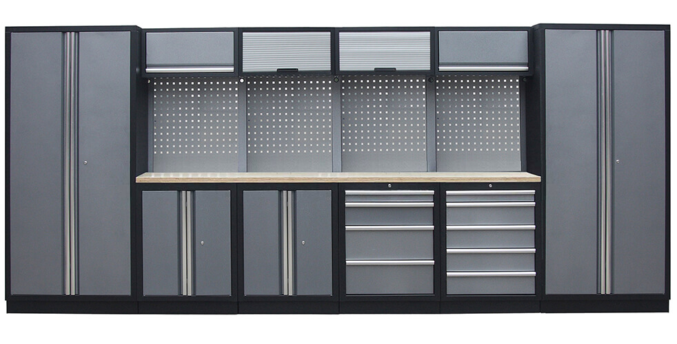 Zostava 21 ks dielenského nábytku PROFI GREY s drevenou pracovnou doskou Zostava 21 ks dielenského nábytku PROFI GREY s drevenou pracovnou doskou