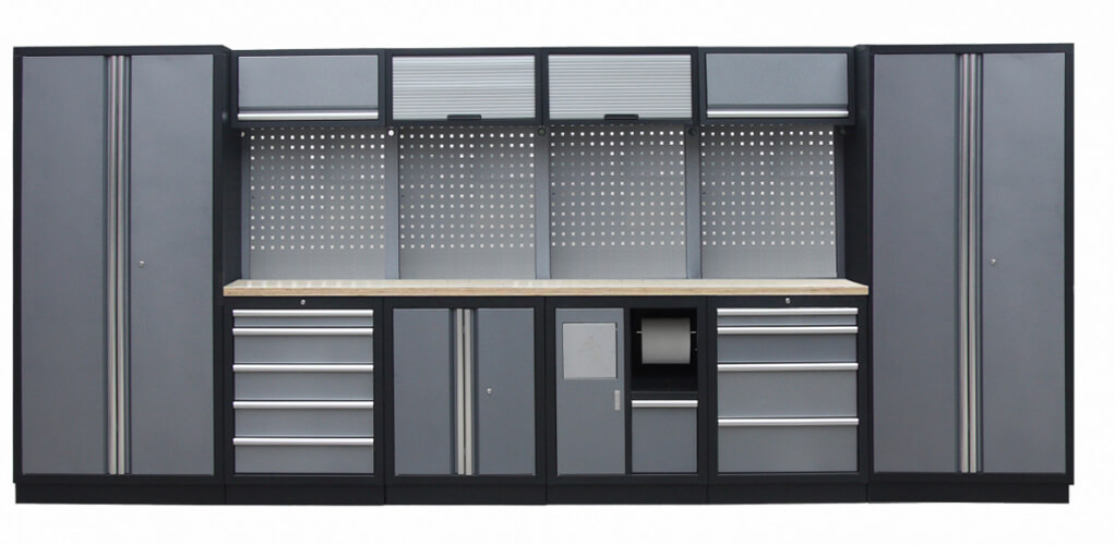 Zostava 21 ks dielenského nábytku PROFI GREY s drevenou pracovnou doskou Zostava 21 ks dielenského nábytku PROFI GREY s drevenou pracovnou doskou