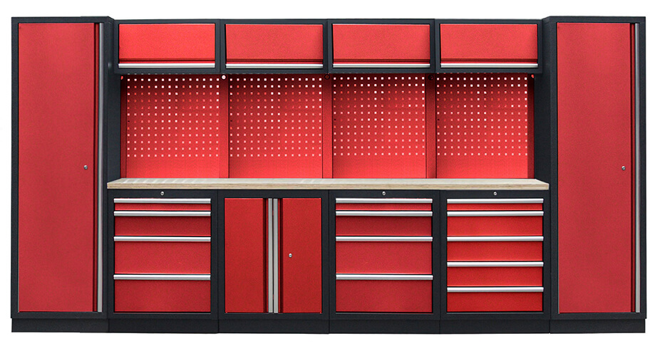 Zostava 21 ks dielenského nábytku PROFI RED s drevenou pracovnou doskou Zostava 21 ks dielenského nábytku PROFI RED s drevenou pracovnou doskou